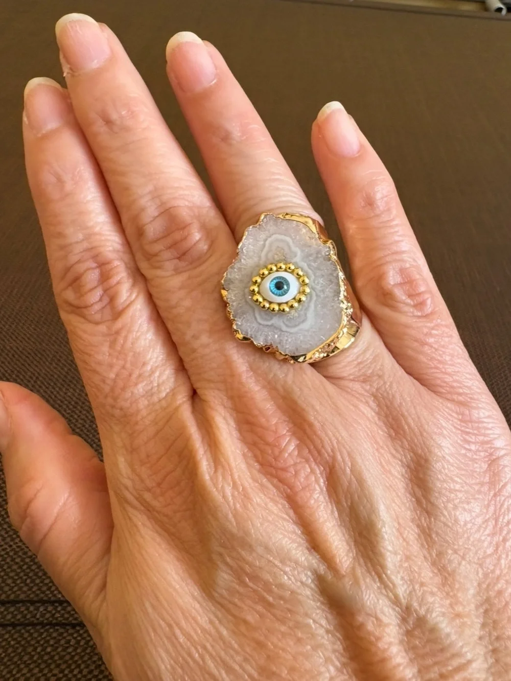 New! Gold-Plated White Synthetic Geode Agate Druzy Evil Eye Statement Ring